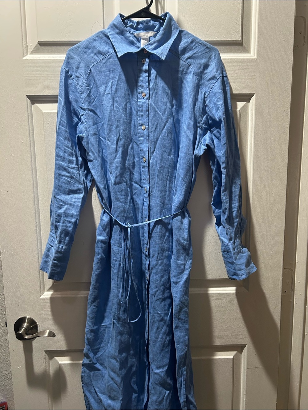 H&M Light Blue Midi 100% Linen Shirt Dress with Tie Waist Size Small